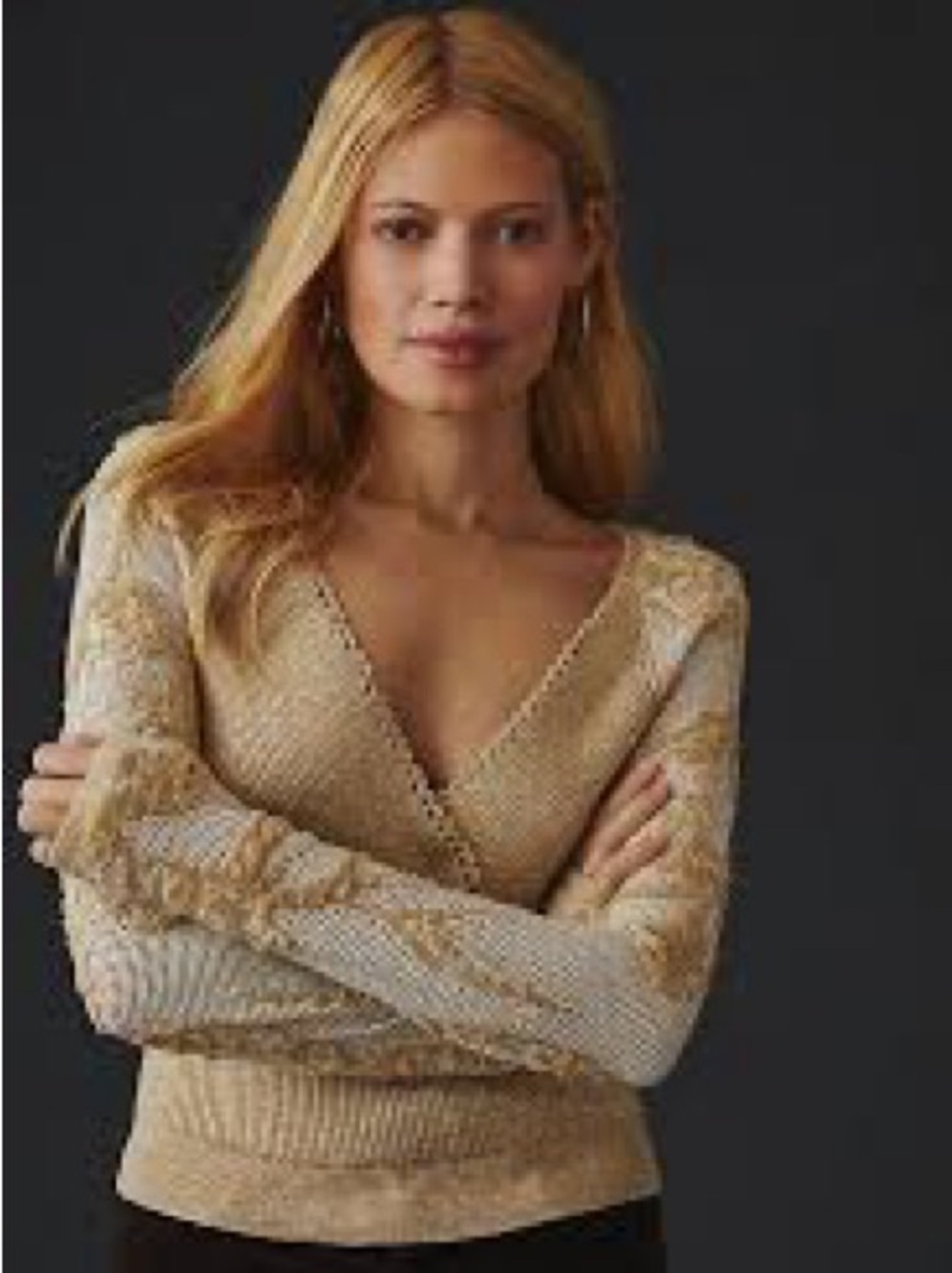 Anthropologie Lace Sleeved Sweater V Neck Sand Beige Size Medium